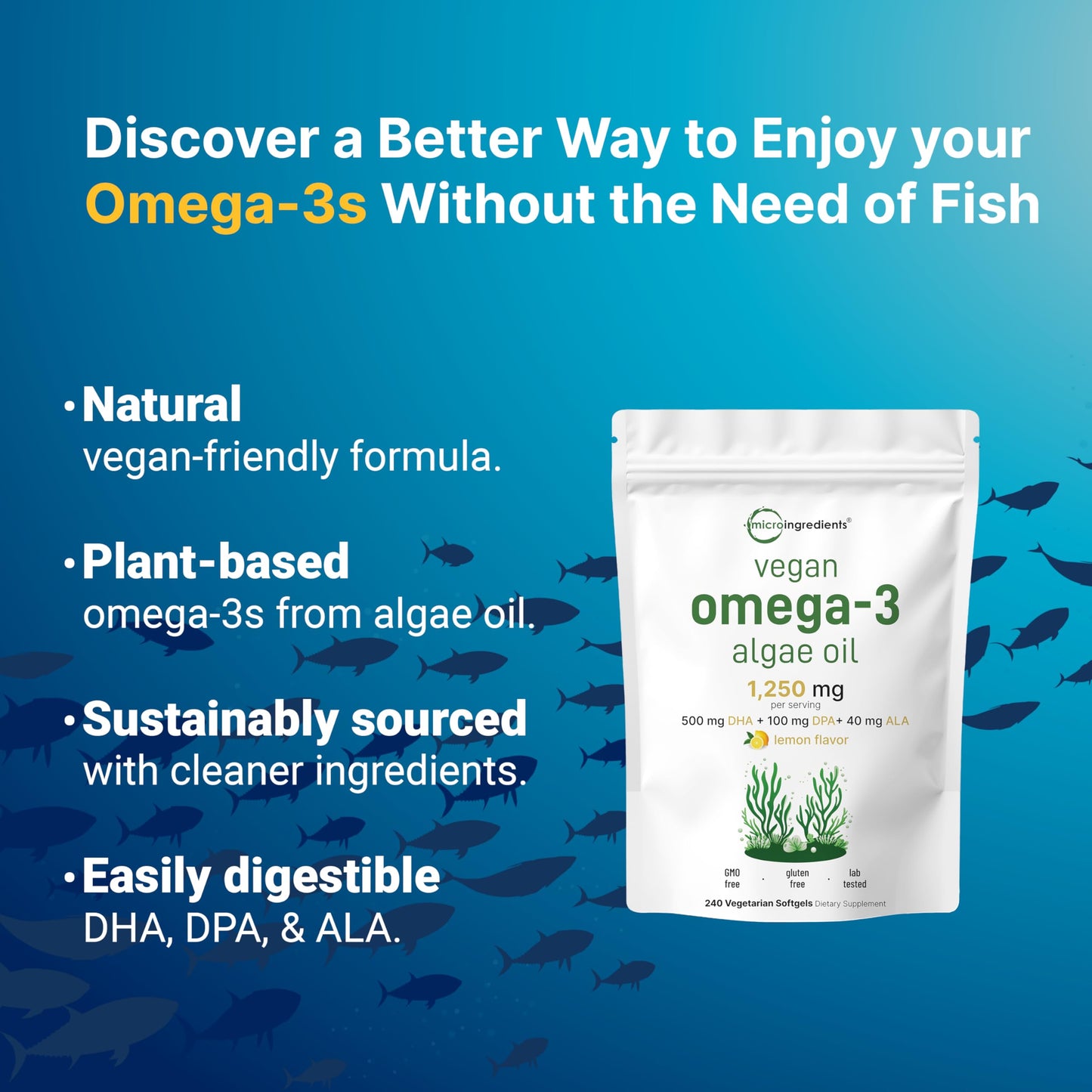 Micro Ingredients Vegan Omega-3 Algae Oil – 240 Veggie Softgels, DHA 500mg