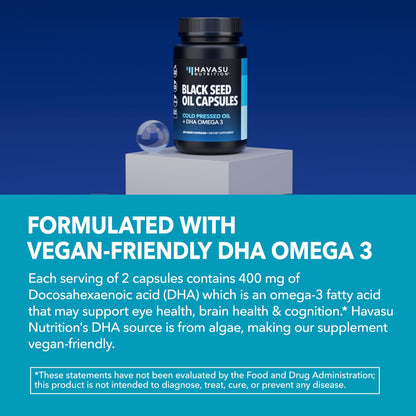 Black Seed Oil with DHA for Brain Health – Cold Pressed Black Cumin Seed Oil, DHA Omega-3 (60 Capsules) – Vegan, Non-GMO, Gluten-Free, 1 Month Supply