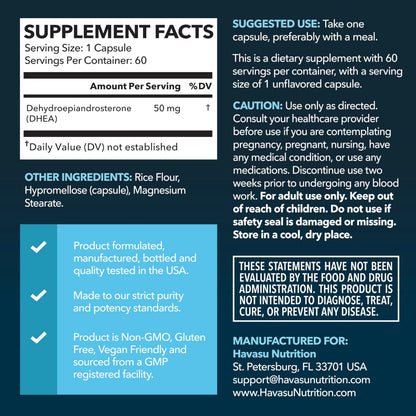 DHEA 50mg Supplement for Hormone Balance - Supports Energy for Men and Women - Dehydroepiandrosterone Capsules for Mood, Aging & Daily Vitality - Non-GMO, Vegan - 60 Capsules, 2-Month Supply