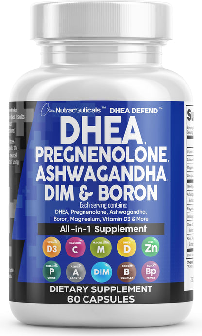 DHEA 200mg & Pregnenolone 100mg Supplement for Men & Women – DIM, Ashwagandha, Boron 6mg, Calcium Magnesium Zinc, Vitamin D3 5000 IU | Made in USA 60 Ct