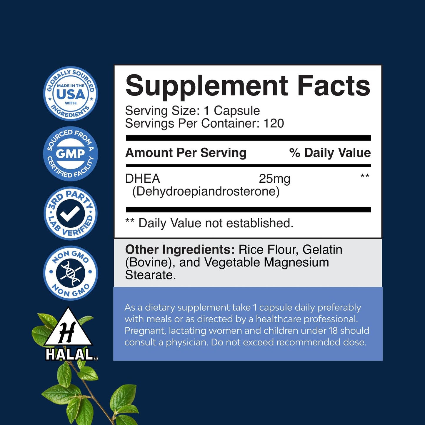 DHEA 25mg Supplement for Women & Men - Hormone Balance, Mood & Energy - 120 Ct