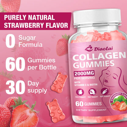 DIAOLAI Sugar-Free Multi Collagen Gummies – 5 Types I-V-X, Biotin & Vitamin C | Strawberry, 120 Gummies