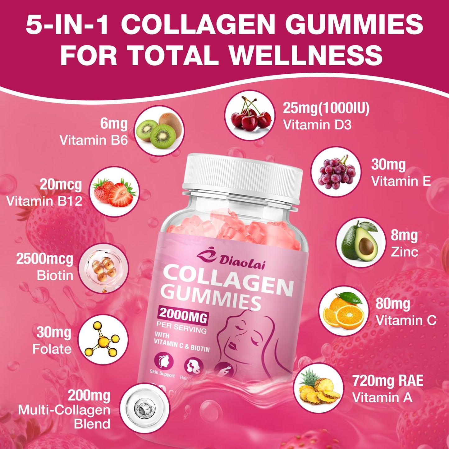 DIAOLAI Sugar-Free Multi Collagen Gummies – 5 Types I-V-X, Biotin & Vitamin C | Strawberry, 120 Gummies