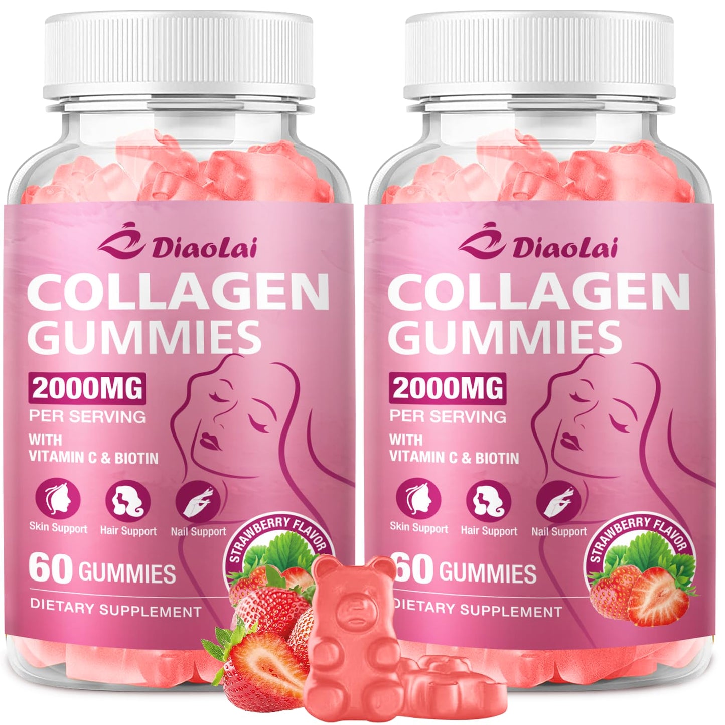 DIAOLAI Sugar-Free Multi Collagen Gummies – 5 Types I-V-X, Biotin & Vitamin C | Strawberry, 120 Gummies