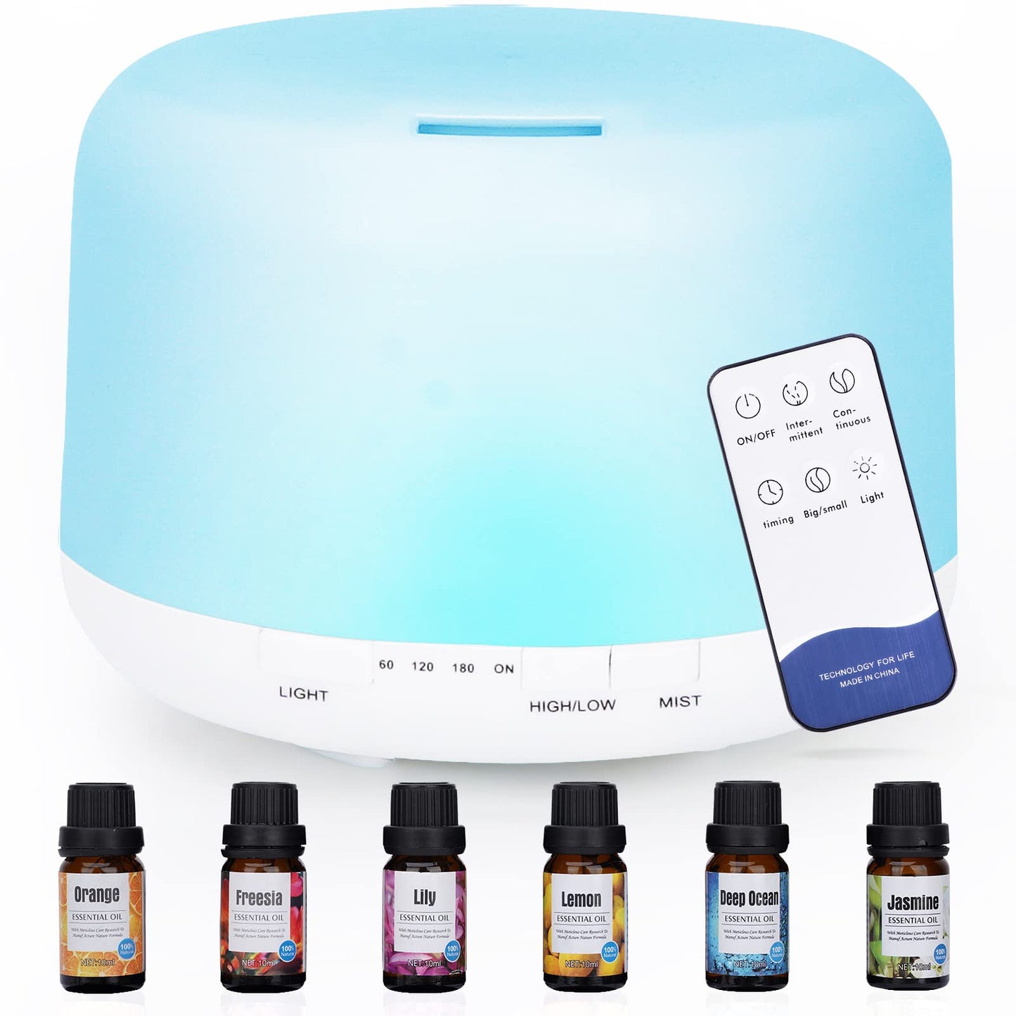 500ml Essential Oil Diffuser with 6x10ml Oils, BPA-Free Ultrasonic Humidifier, 7 Color Lights, Auto-Off, Remote Control