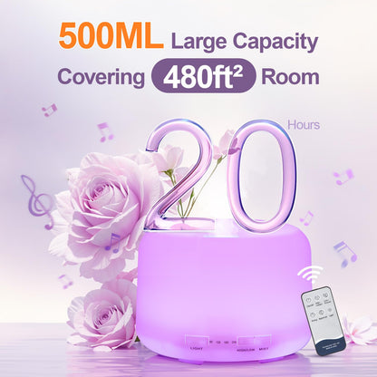500ML Large Room Essential Oil Diffuser with Bluetooth Speaker, Remote & 6-Oil Set