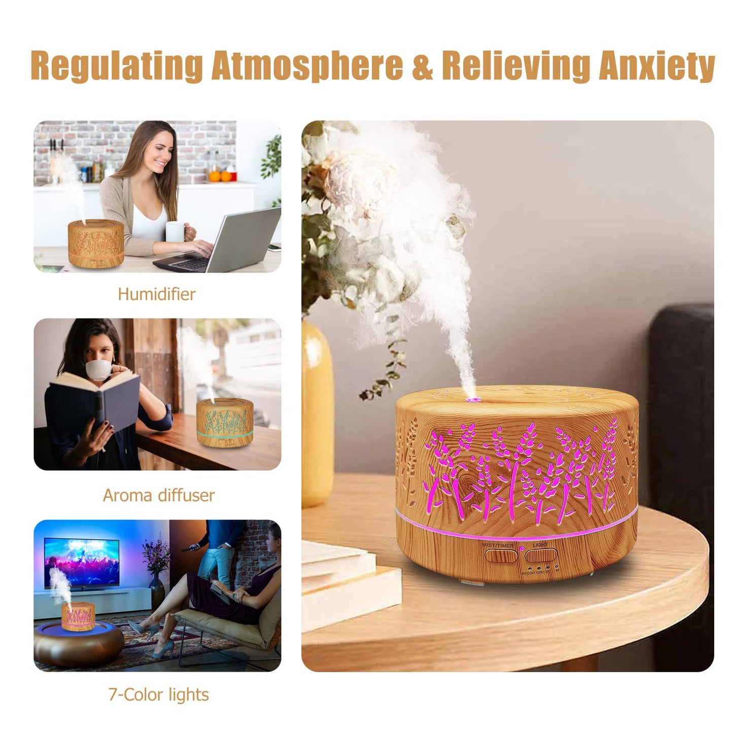 600ml Large Room Essential Oil Diffuser – Remote, 3 Mist Modes, 7 Color Lights
