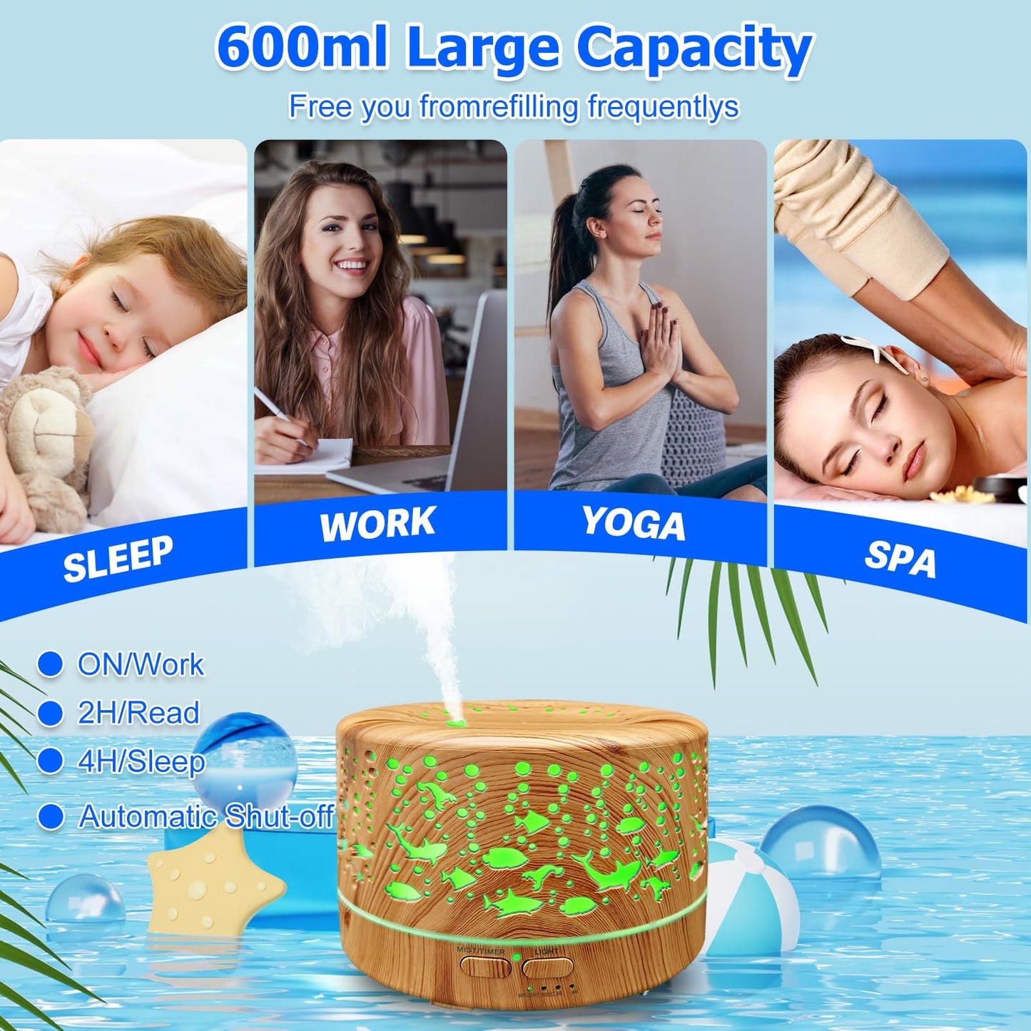 Large Room Essential Oil Diffuser 600ml with Remote Control 7 Colors 3 Mist Modes