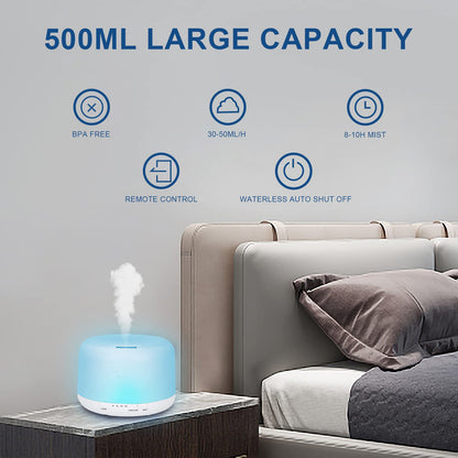 500ml Essential Oil Diffuser with 6x10ml Oils, BPA-Free Ultrasonic Humidifier, 7 Color Lights, Auto-Off, Remote Control