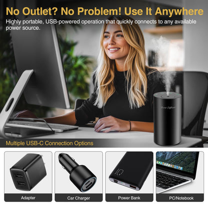 Waterless Essential Oil Diffuser Starter Kit - 2 Pack, Battery Operated, No Water Needed, 3x20ml Oils, Matte Black