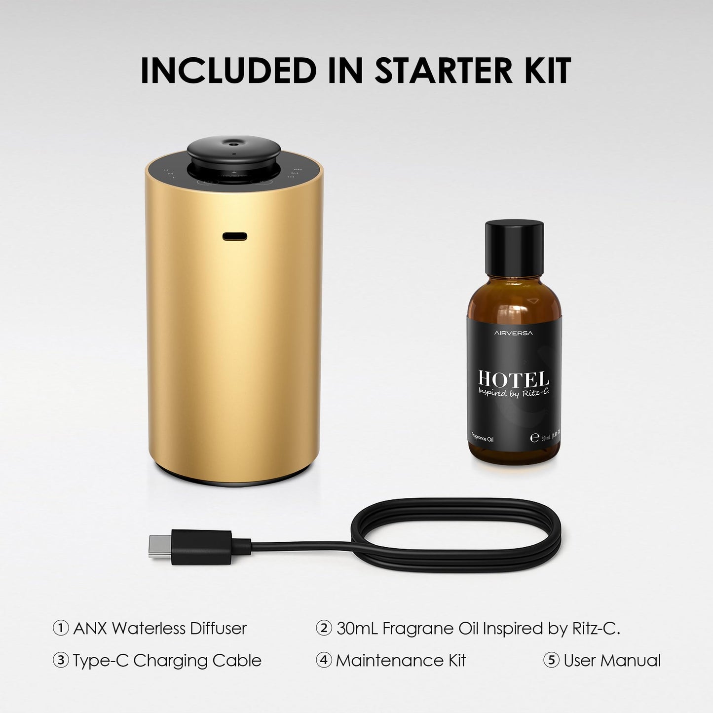 Waterless Diffuser Starter Kit – Ritz-C. Inspired 30mL Fragrance Oil | Battery-Operated Portable Scent Diffuser (Gold ANX)