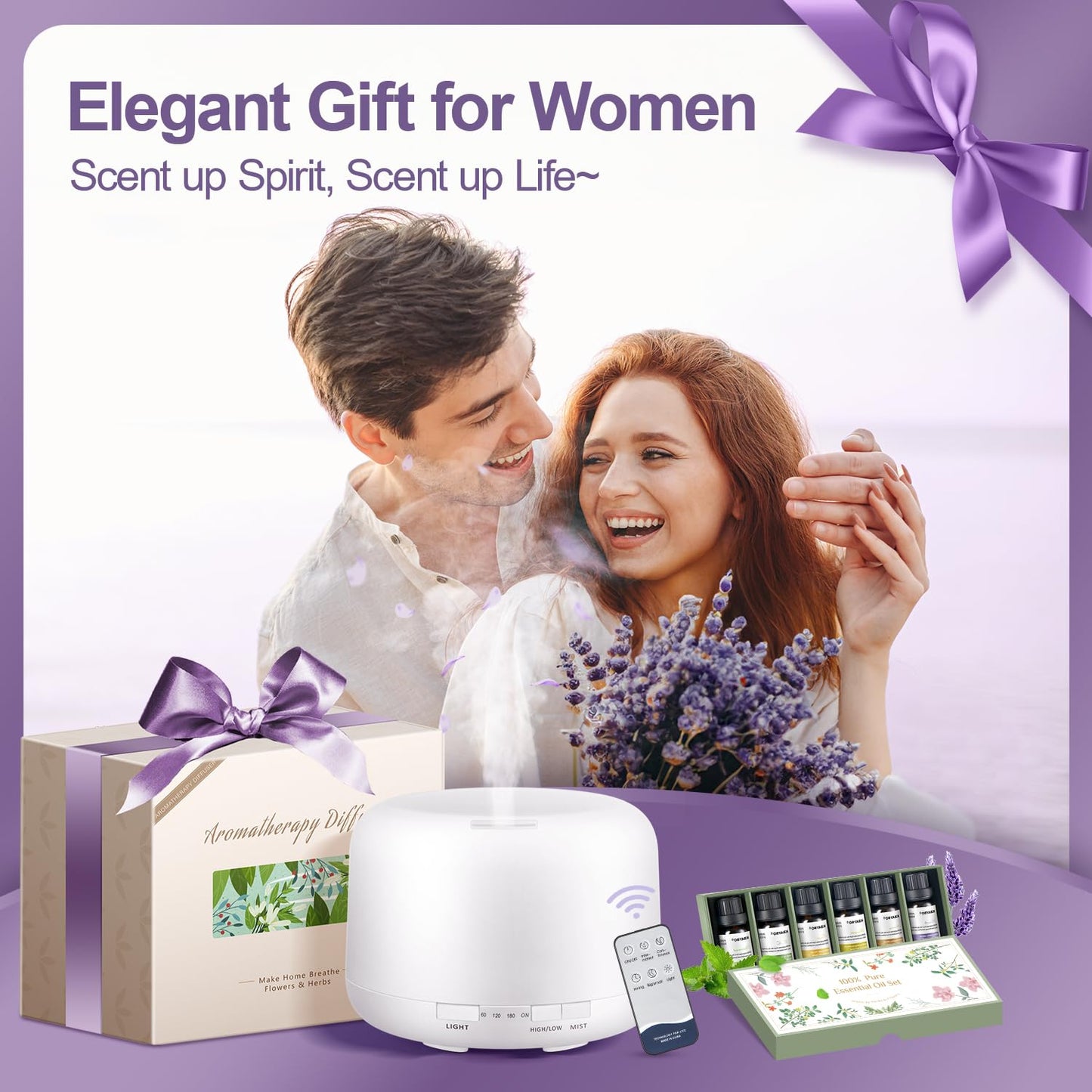 500ML Large Room Essential Oil Diffuser with Bluetooth Speaker, Remote & 6-Oil Set