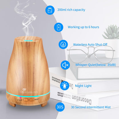 Diffuserlove 200ML Essential Oil Diffuser - Quiet Aroma Diffuser with 7 Color LED Lights, Auto Shut-Off for Bedroom, Office