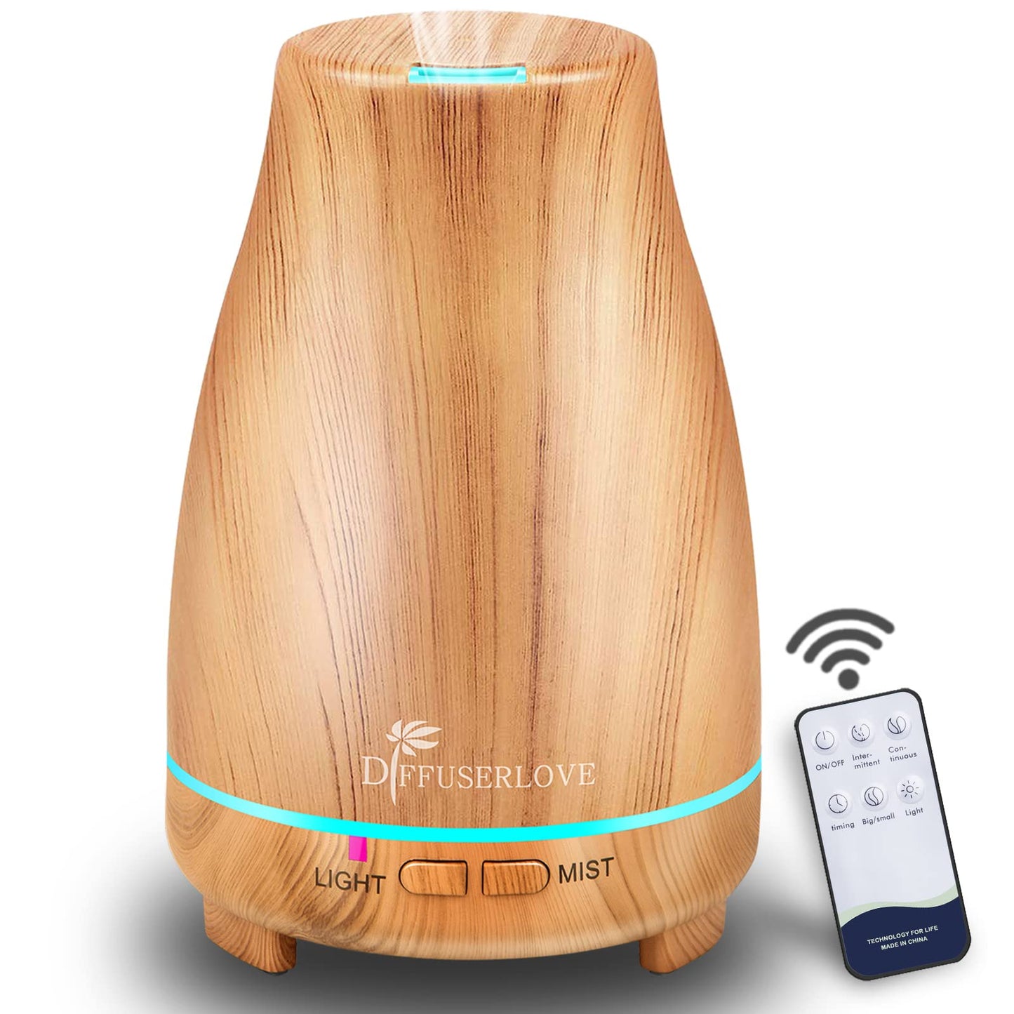 Diffuserlove 200ML Essential Oil Diffuser with Remote - 7 Color Lights, Auto Shut-Off (Yellow Wood Grain)