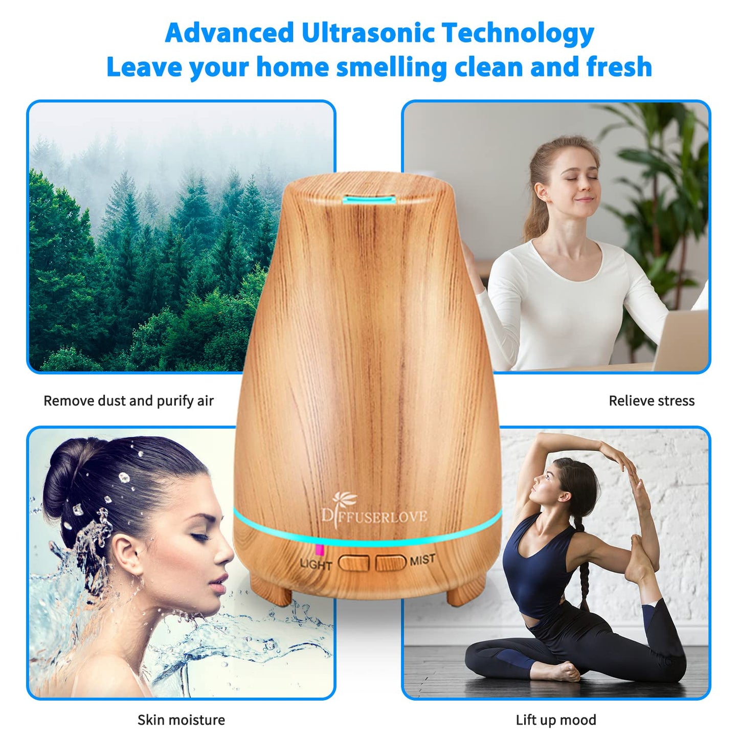 Diffuserlove 200ML Essential Oil Diffuser with Remote - 7 Color Lights, Auto Shut-Off (Yellow Wood Grain)
