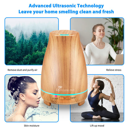 Diffuserlove 200ML Essential Oil Diffuser with Remote - 7 Color Lights, Auto Shut-Off (Yellow Wood Grain)