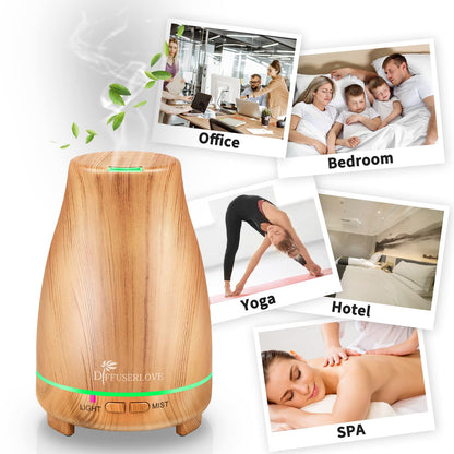Diffuserlove 200ML Essential Oil Diffuser with Remote - 7 Color Lights, Auto Shut-Off (Yellow Wood Grain)