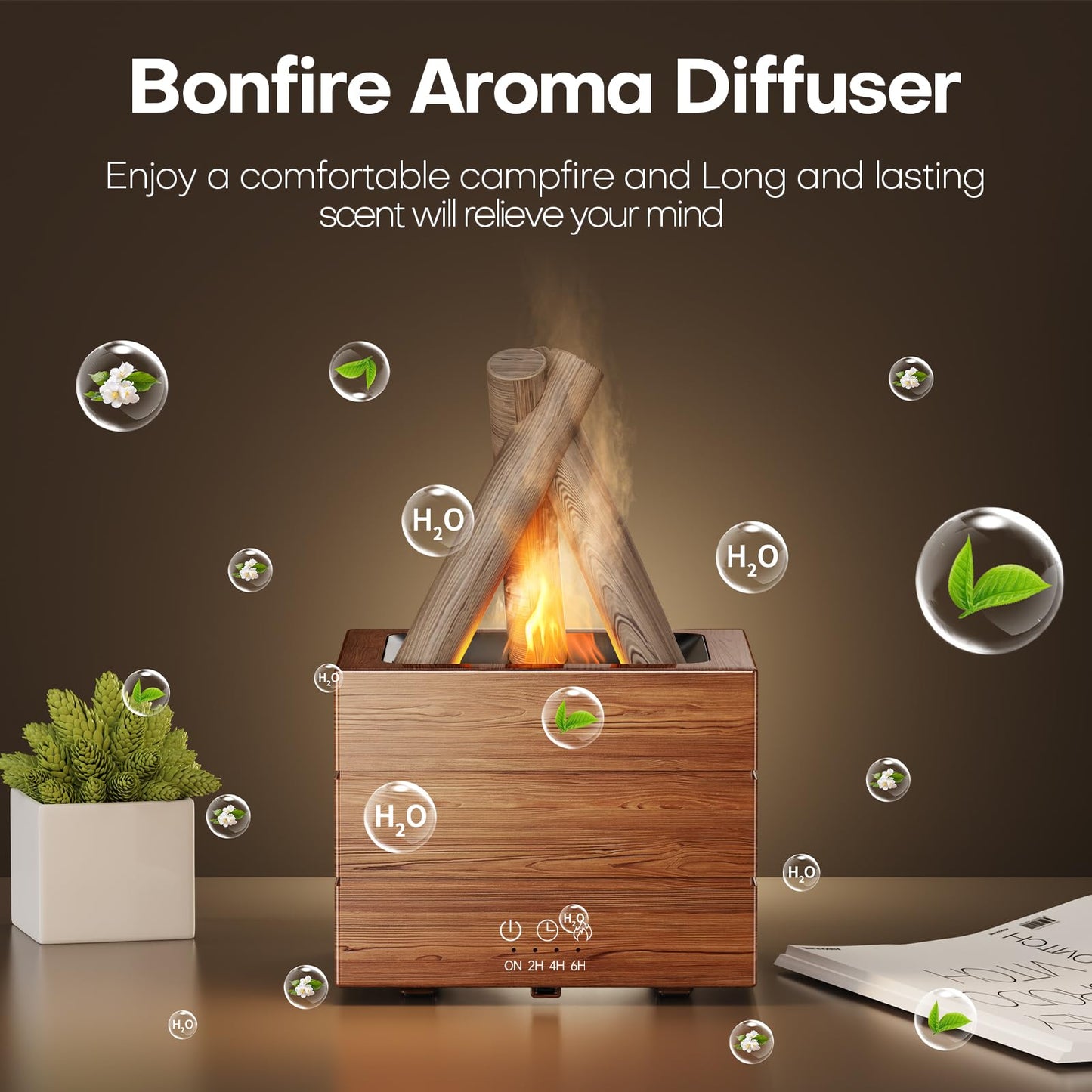 Bonfire Essential Oil Diffuser by Diffuserlove — 280ML Flame Ambience, 8 Color LEDs, Remote