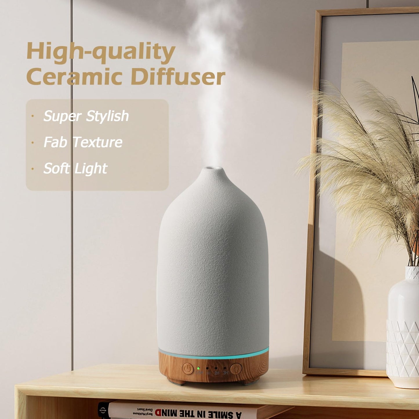 Diffuserlove Ceramic Essential Oil Diffuser 160ML – Auto Shut-Off, 7-Color LED, Quiet Humidifier (Yellow Wood Pattern)