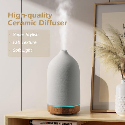 Diffuserlove Ceramic Essential Oil Diffuser 160ML – Auto Shut-Off, 7-Color LED, Quiet Humidifier (Yellow Wood Pattern)