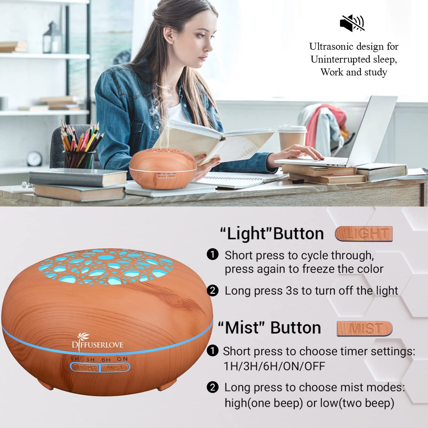 Diffuserlove 550ML Essential Oil Diffuser with Remote - Woodgrain, 7-Color LED