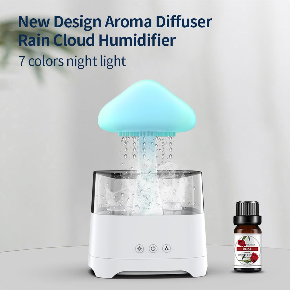 Diffuserlove Rain Diffuser 450ML – Cloud Humidifier with Rain Sounds, Remote Control, RGB Lamp (6.54''x10.5'')