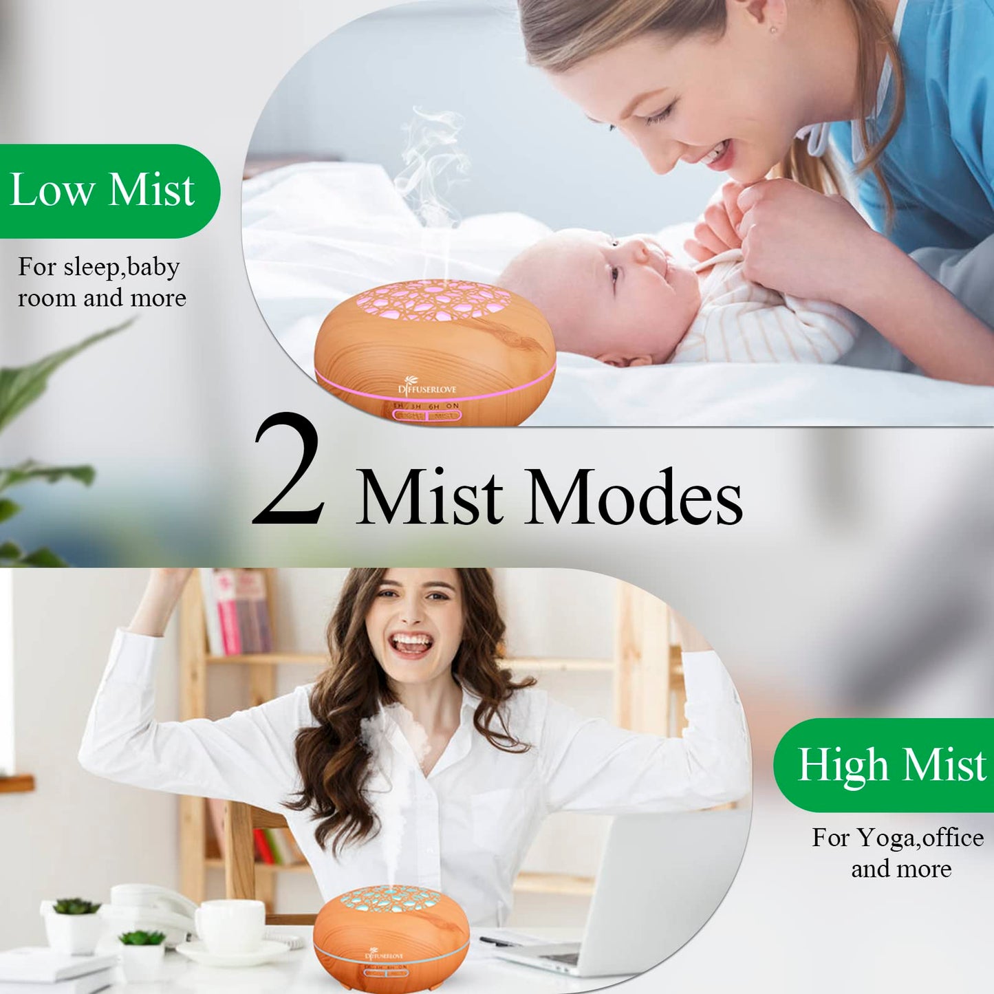 Diffuserlove 550ML Essential Oil Diffuser with Remote - Woodgrain, 7-Color LED