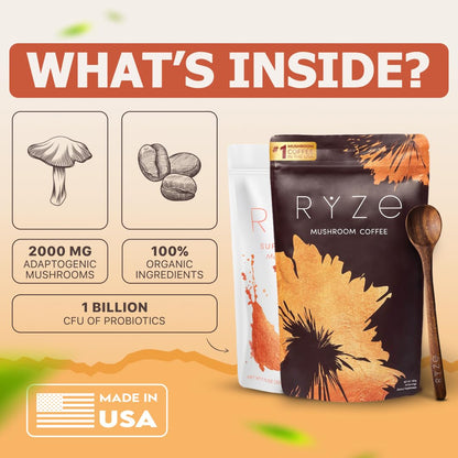 RYZE n Shine Bundle – USDA Organic Mushroom Coffee + Probiotic Creamer | 6 Adaptogenic Mushrooms, MCT Oil, 30+30 Servings