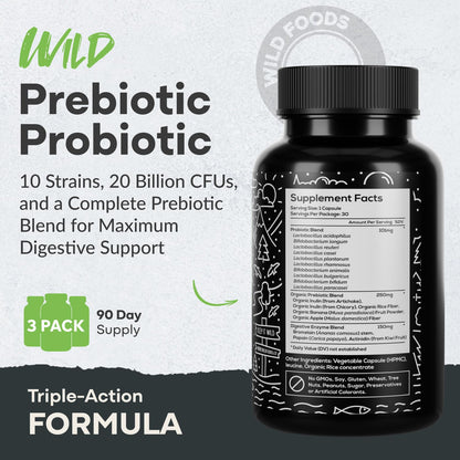 Wild Prebiotics & Probiotics with Digestive Enzymes – 20B CFU, 10 Strains, for Women & Men, 30 Count (Pack of 2)