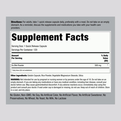Piping Rock Ox Bile Supplement 500mg – 120 Capsules | Gluten Free & Non-GMO