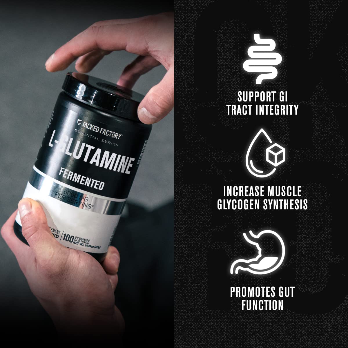 Jacked Factory L-Glutamine Powder – 100 Servings | Vegan Fermented, Unflavored
