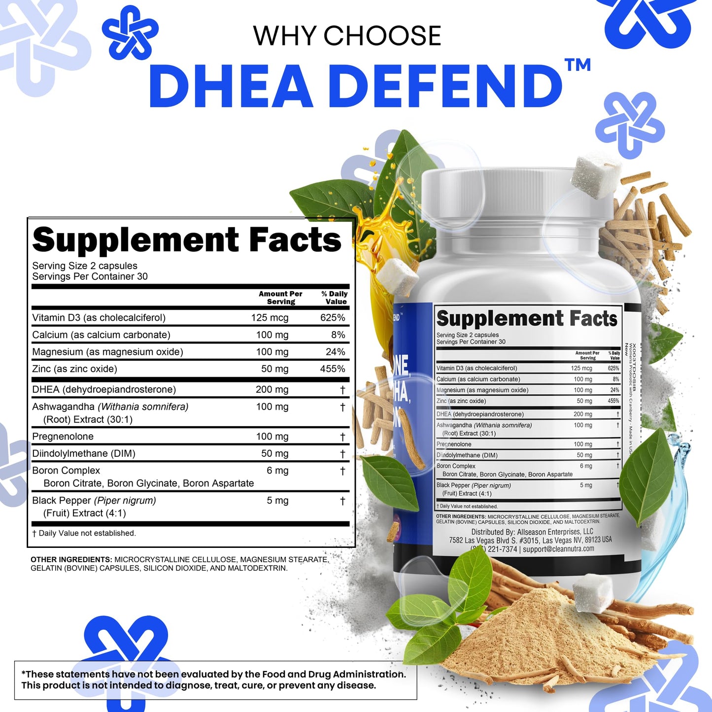 DHEA 200mg & Pregnenolone 100mg Supplement for Men & Women – DIM, Ashwagandha, Boron 6mg, Calcium Magnesium Zinc, Vitamin D3 5000 IU | Made in USA 60 Ct