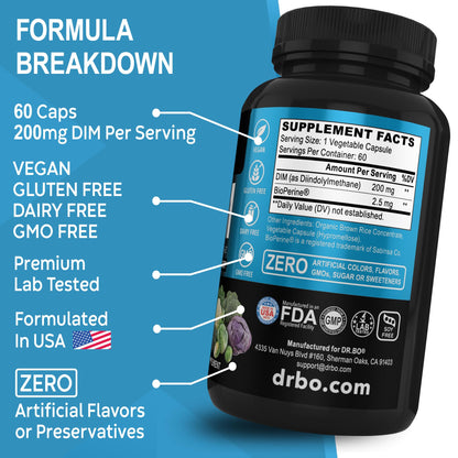 DIM Supplement for Women & Men 200mg - Androgen Estrogen Blocker for Men & Women, Hormonal Acne Pills, Hormone Balance, Menopause Support, Diindolylmethane DIM Supplement Plus BioPerine - 60 Capsules