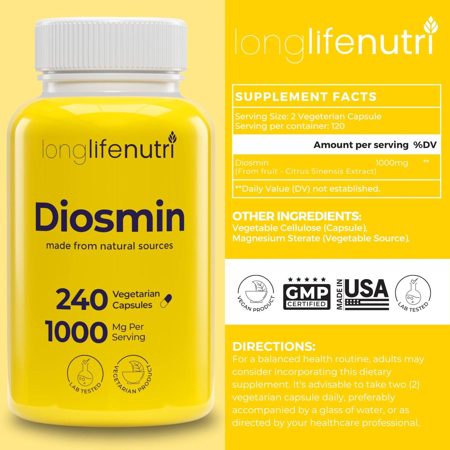 Diosmin 1000mg Advanced Formula – 240 Caps | Circulatory Support, Made in USA