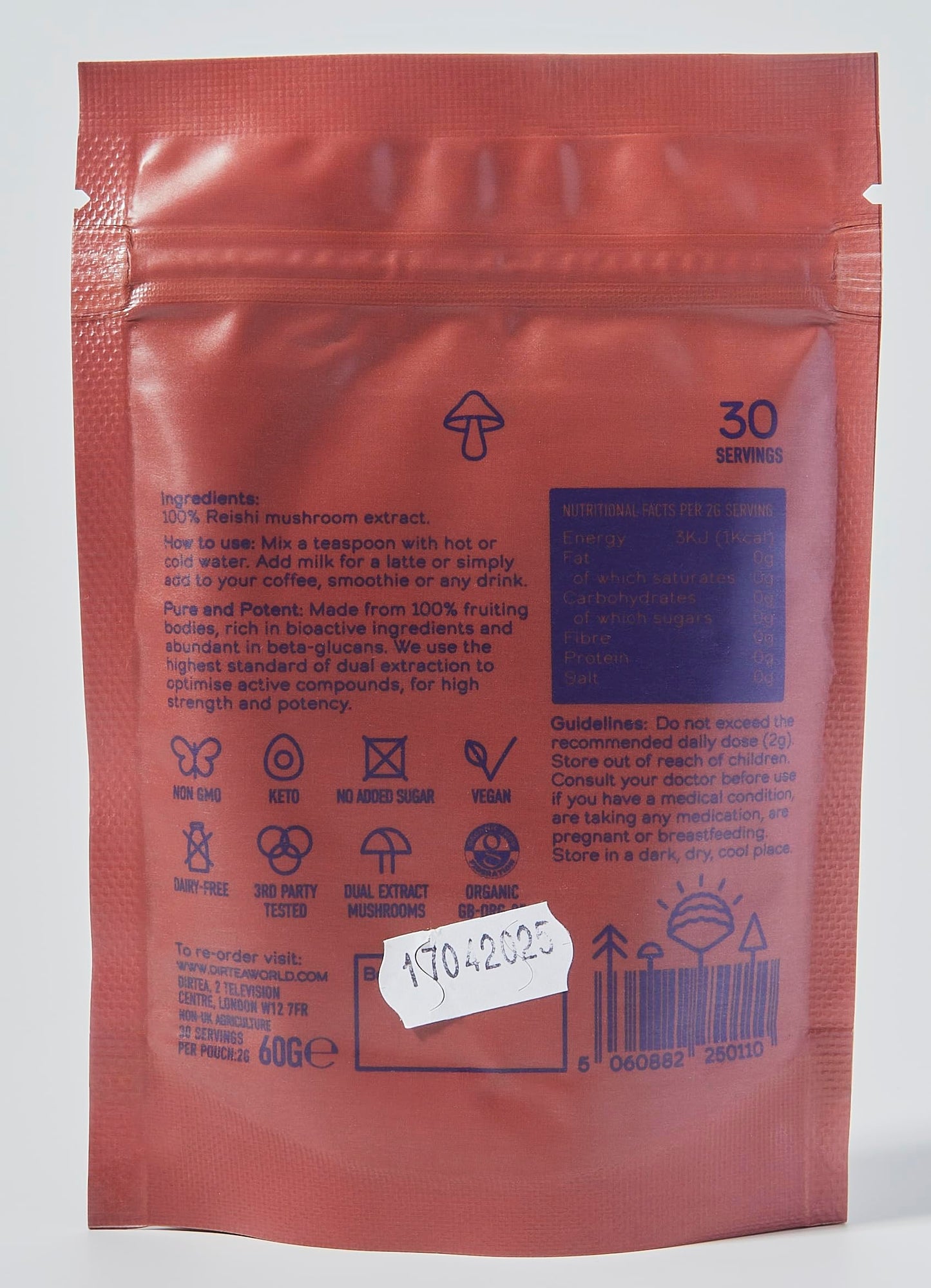 DIRTEA Reishi Mushroom Powder - 60g | 2,000mg per Serving | Organic, Vegan & Non-GMO | Sleep, Immune & Stress Support
