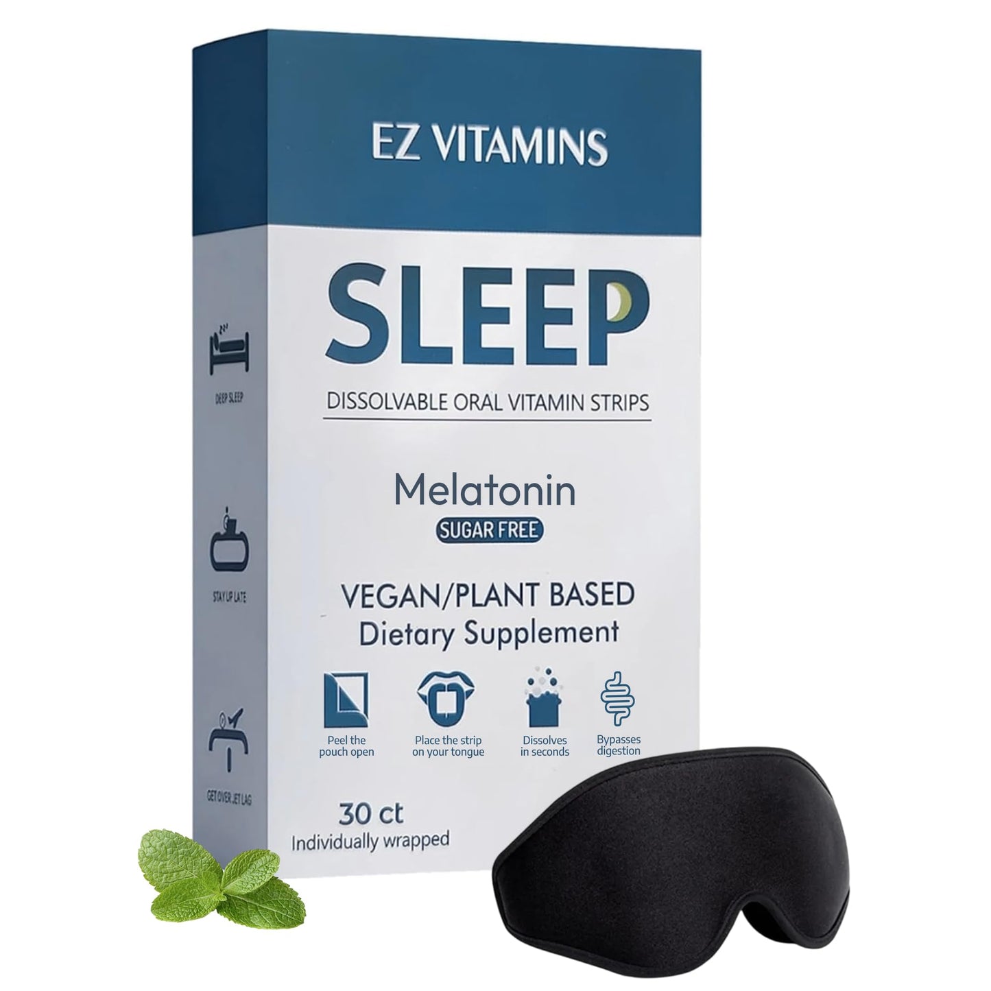 Dissolvable Oral Sleep Strips – 5mg Melatonin, Valerian, L-Theanine, Vitamin D3 | Mint 30ct