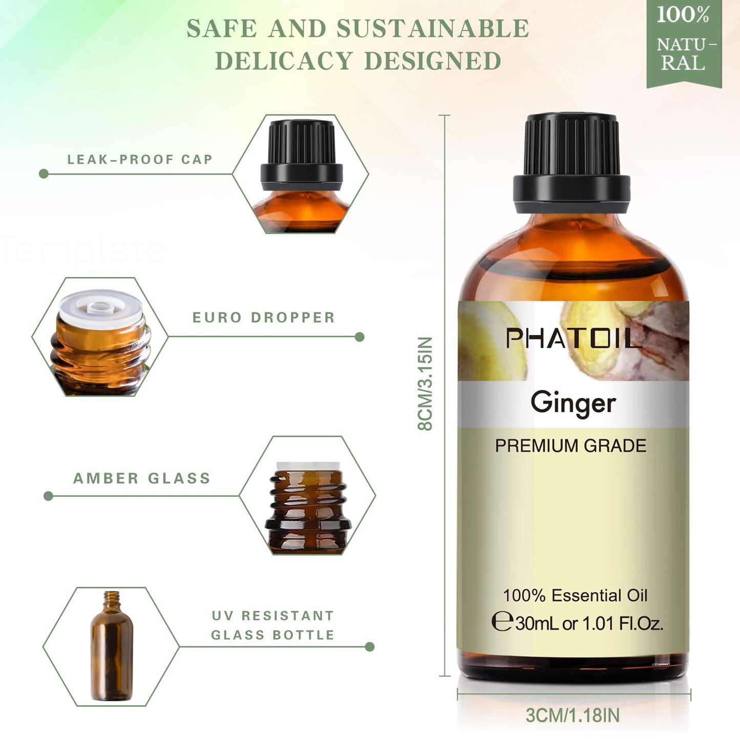 Ginger Essential Oil 30ML | PHATOIL Pure Essential Oil Singles for Aromatherapy, Diffusers, DIY Candles & Soaps
