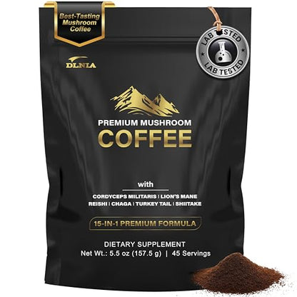 DLNIA Organic Mushroom Coffee with 12 Adaptogenic Mushrooms - Cordyceps, Lion's Mane & Turkey Tail