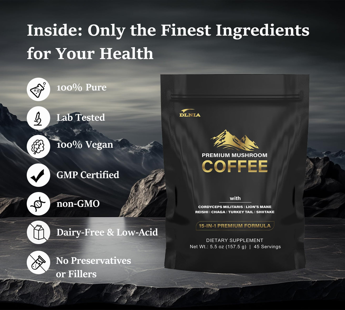 DLNIA Organic Mushroom Coffee with 12 Adaptogenic Mushrooms - Cordyceps, Lion's Mane & Turkey Tail