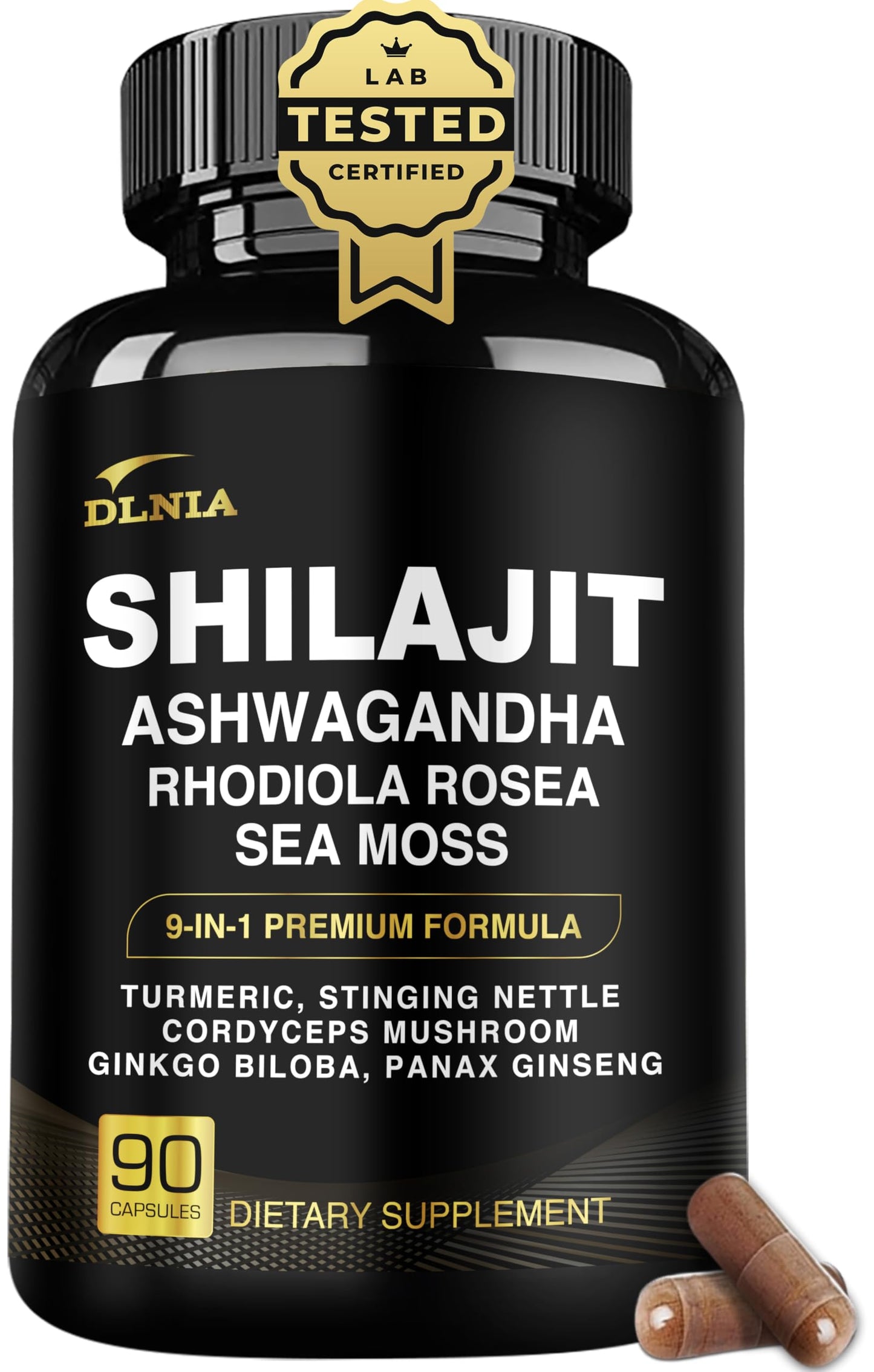 DLNIA Shilajit 9-in-1 Capsules – Organic Himalayan Complex (Ashwagandha, Sea Moss, Turmeric) – Vegan, Lab-Tested – 90 Capsules