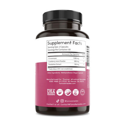 Thomas' All-Natural D-Mannose 1200mg with Cranberry & Dandelion | UTI Health Support | Vegan