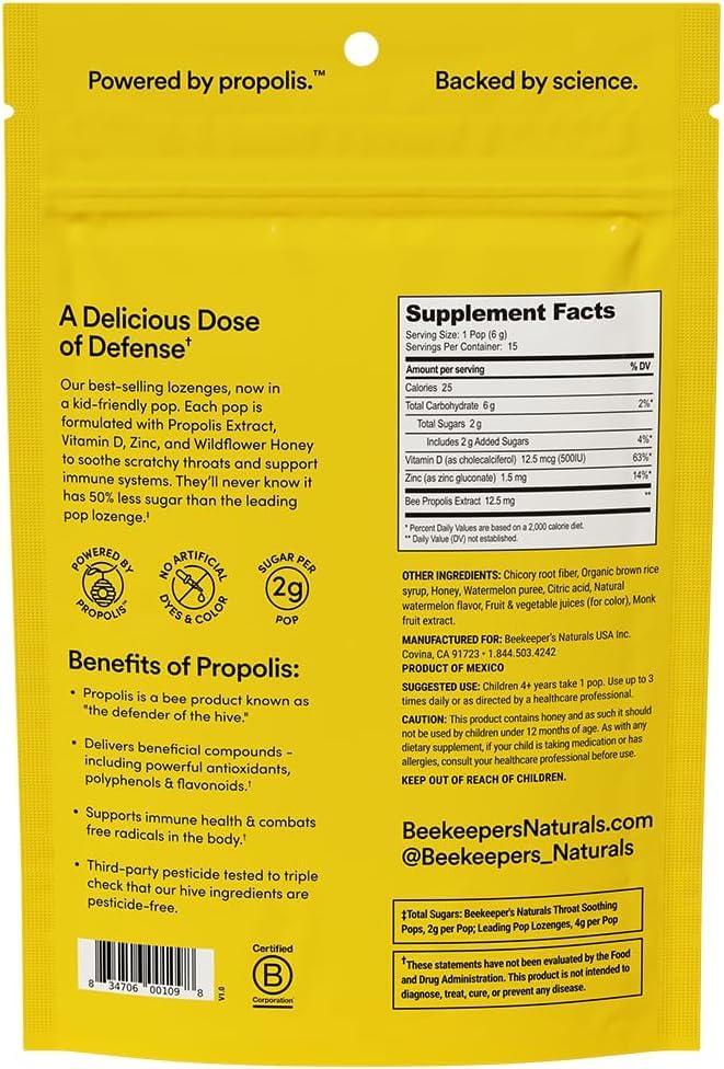 Kids Throat-Soothing Watermelon Lollipops by Beekeeper's Naturals – Doctor Formulated, 15 ct