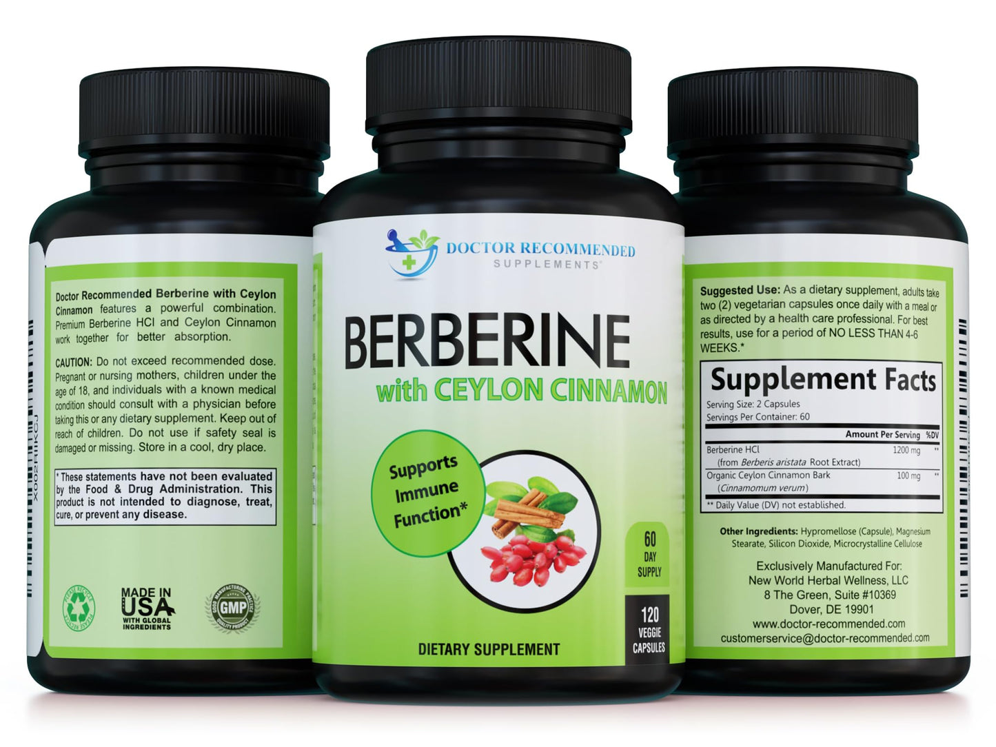 Doctor Recommended Supplements Berberine with Ceylon Cinnamon – 360 Veggie Capsules (Pack of 3) | 1200mg Berberine + 100mg Cinnamon