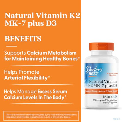 Doctor's Best Vitamin K2 MK-7 + D3 - Supports Bone, Artery & Tissue Health | 60 Veggie Caps