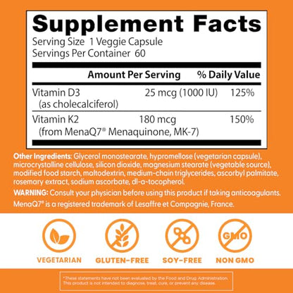 Doctor's Best Vitamin K2 MK-7 + D3 - Supports Bone, Artery & Tissue Health | 60 Veggie Caps