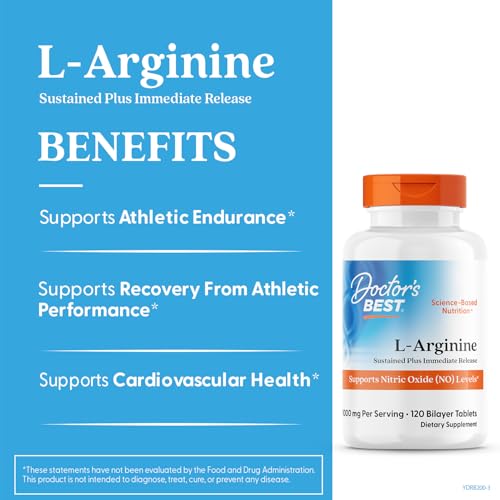 Doctor's Best Sustained + Immediate Release L-Arginine 1000 mg per Serving - 120 Tablets, Non-GMO, Vegan, Gluten & Soy Free