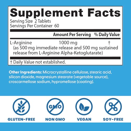 Doctor's Best Sustained + Immediate Release L-Arginine 1000 mg per Serving - 120 Tablets, Non-GMO, Vegan, Gluten & Soy Free
