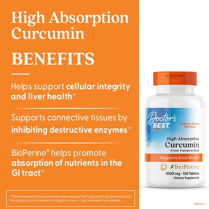 Doctor's Best Curcumin from Turmeric Root with C3 Complex & BioPerine - 1000 mg, 120 Tablets | Joint Support