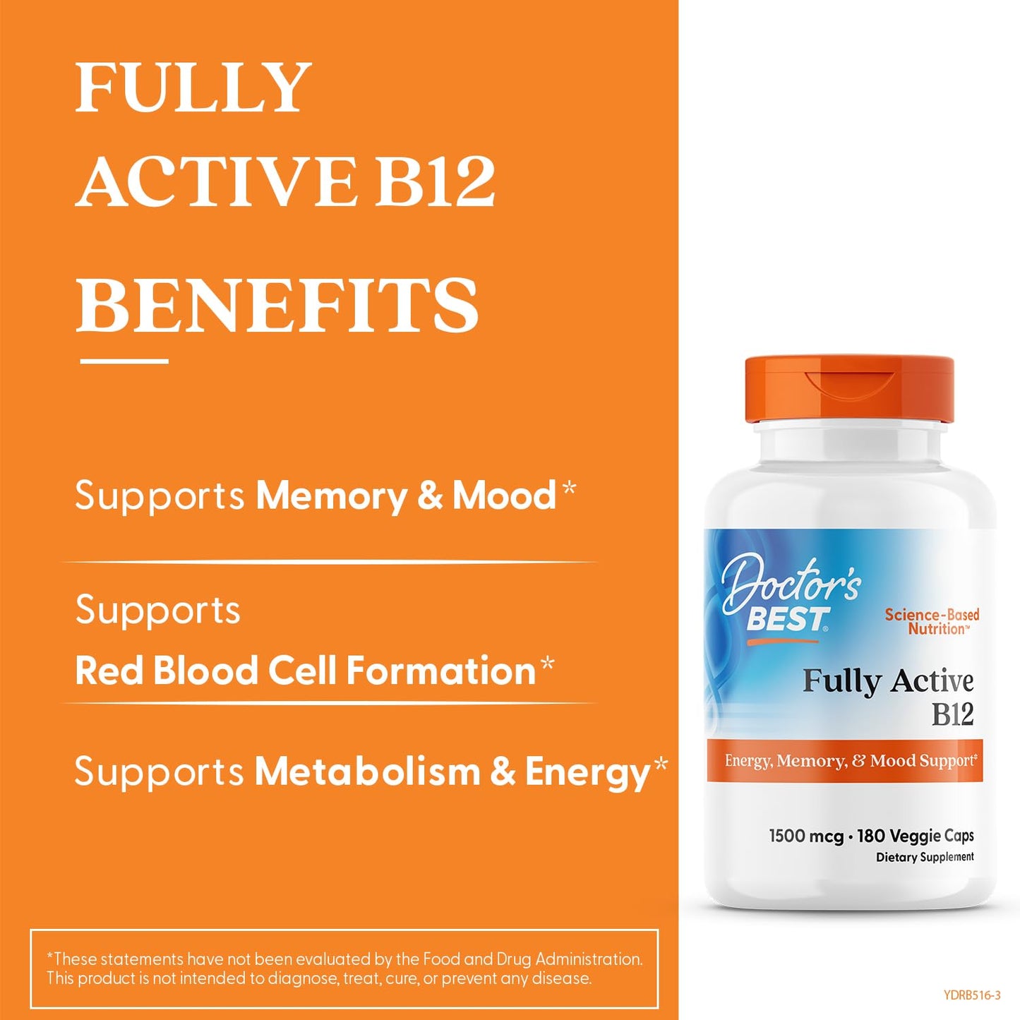 Doctor’s Best Fully Active Methyl B12 (Methylcobalamin) – Energy, Memory & Mood Support | Vegan 180 Veggie Caps