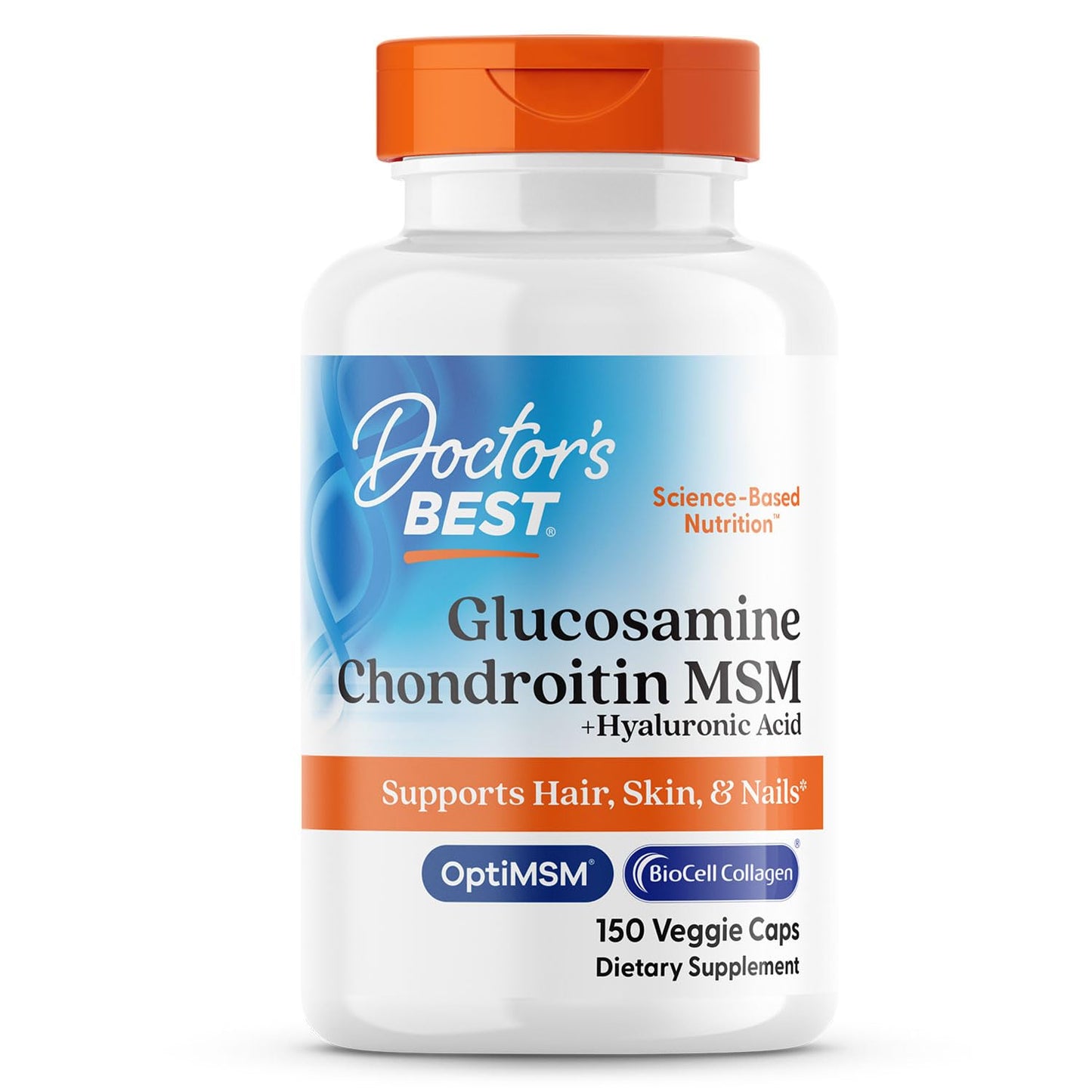 Doctor's Best Glucosamine Chondroitin MSM + Hyaluronic Acid with OptiMSM Featuring Biocell Collagen, 150 Caps | Joint Health & Beauty Support
